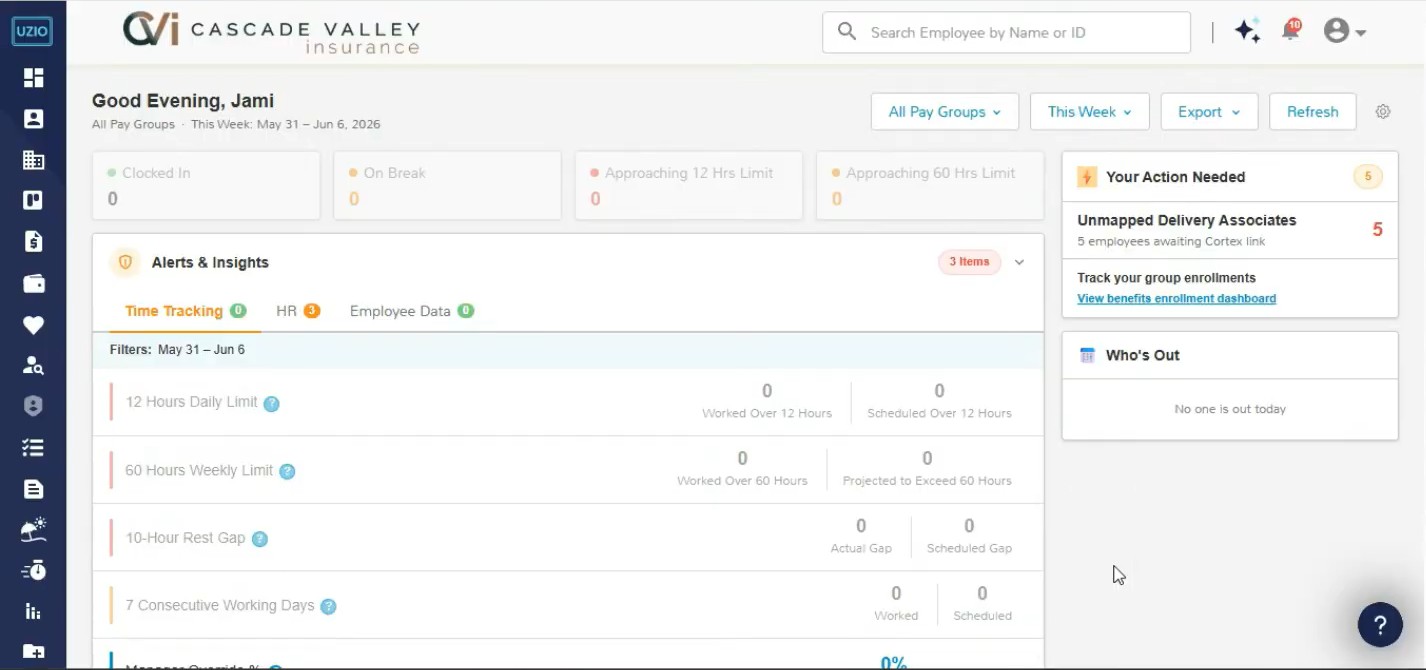 UZIO DSP workforce dashboard with Logistics Portal — alerts, time limits, and unmapped delivery associates awaiting Logistics Portal link